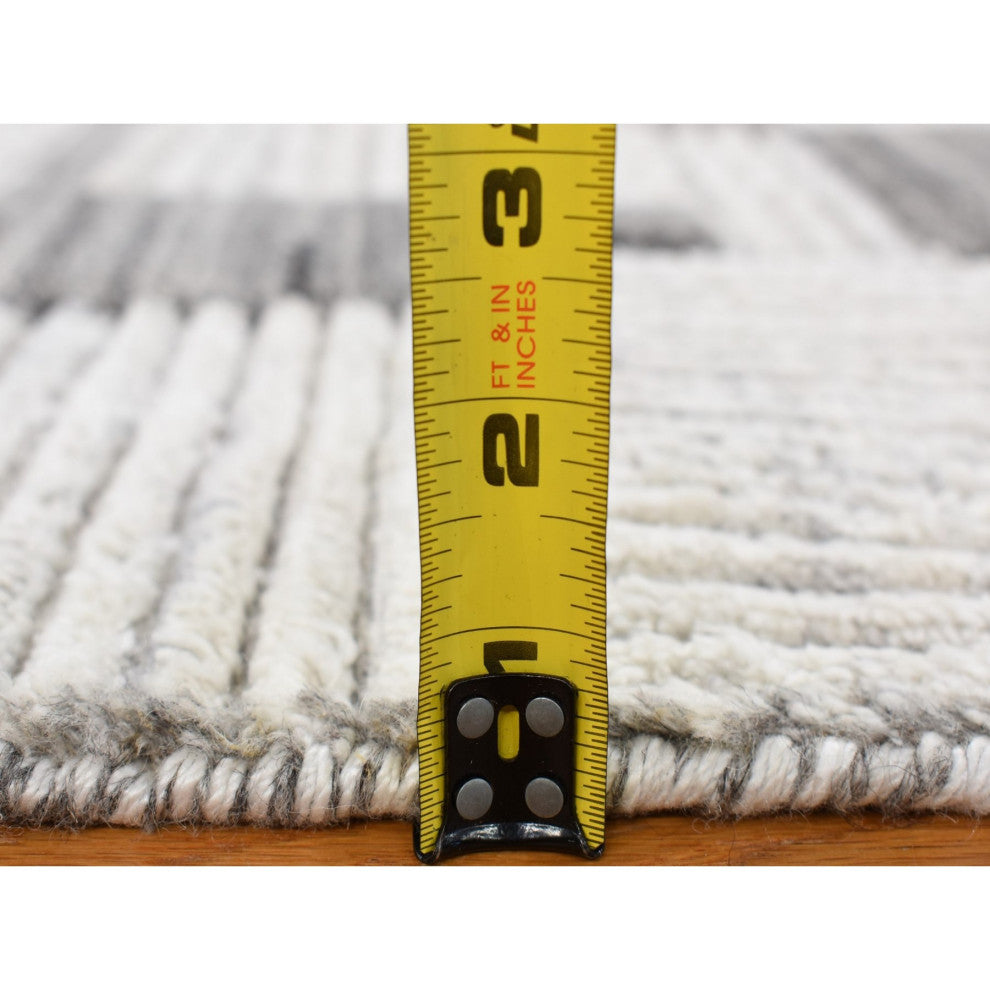 Light Gray Geometric Art Deco Style Pure Wool Hand Loomed Mat Rug, 2'0"x3'0"