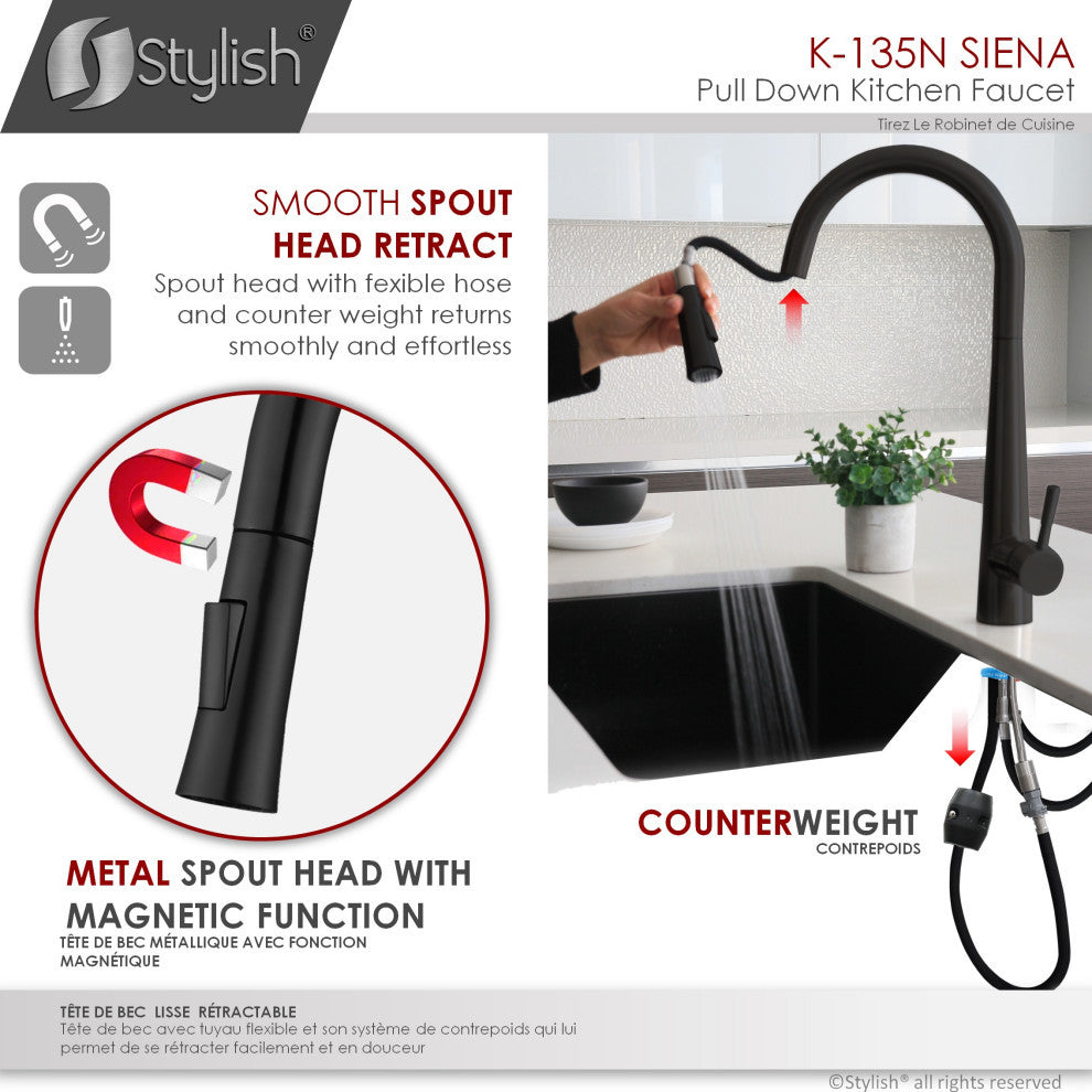 STYLISH Kitchen Sink Faucet Single Handle Pull Down Dual Mode Stainless Steel