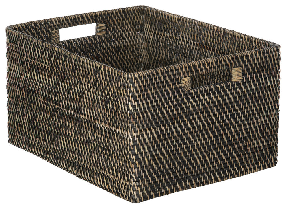 Loma Rectangular Decorative Rattan Storage Basket With Handles, Black Wash