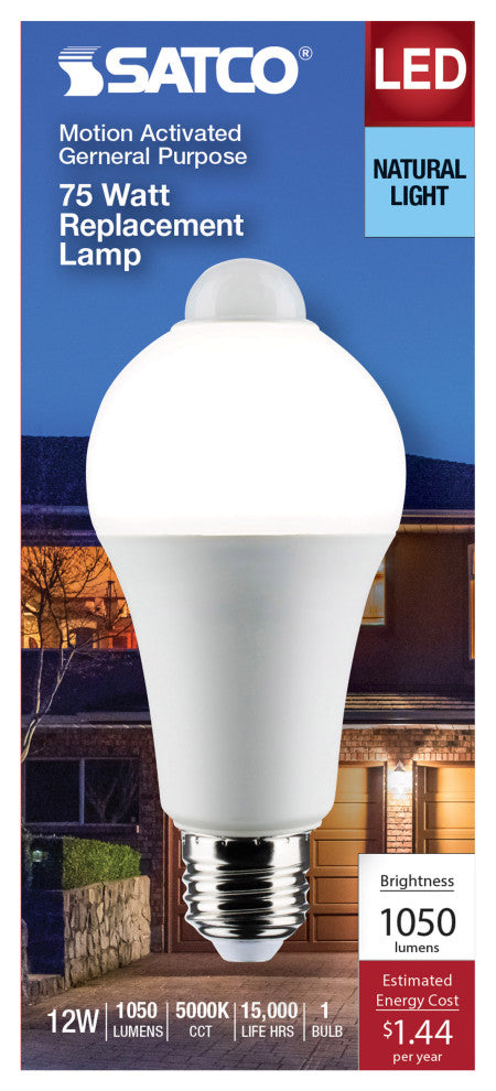 12W A19 LED, White, 5000K, 1050 Lumens, 120V, PIR Sensor, Non-Dimmable