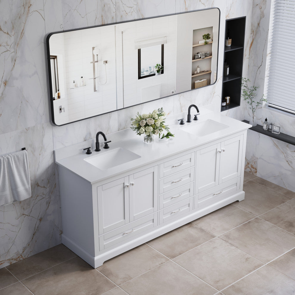 80" Freestanding Bathroom Vanity with White Cultured Marble Top in White