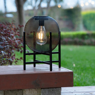11.5"H Metal Mesh Black Solar Powered Outdoor Lantern With Stand