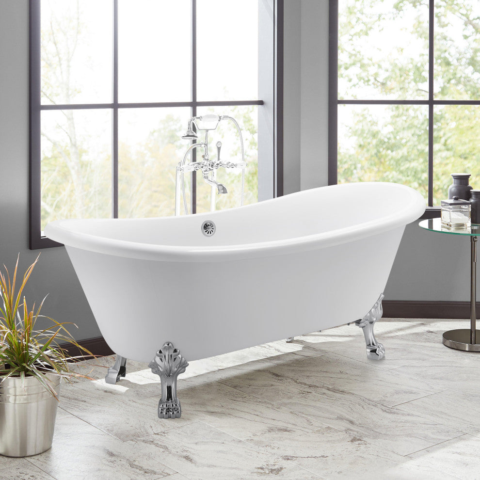 67 in Acrylic Freestanding Bathtub With Clawfoot, Contemporary Soaking Tub, White