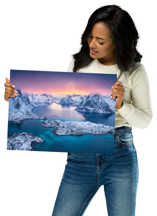 Reine at Winter Sunset Icy Mountain Landscape Photo Loose Wall Art Prints, 12" X 16"