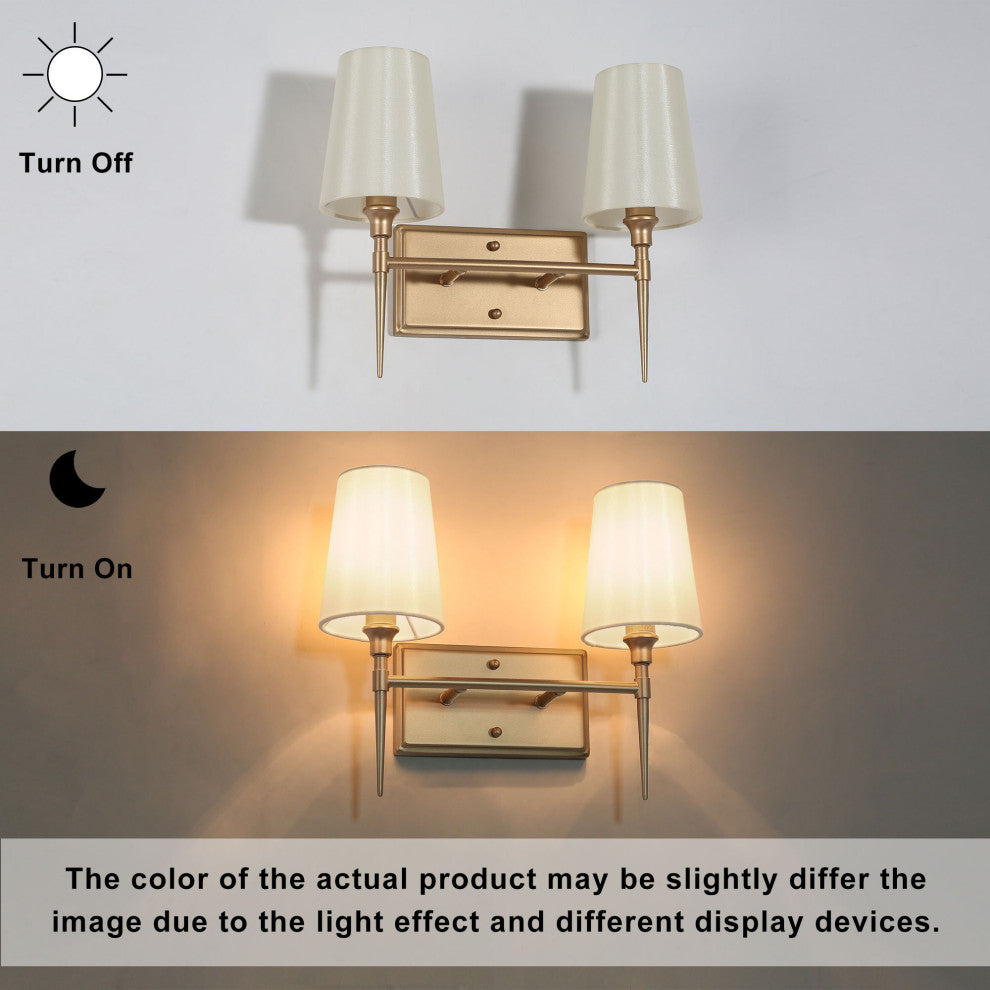 LALUZ Matte Gold with Fabric Shade Modern Bathroom Vanity Light, 2-Light