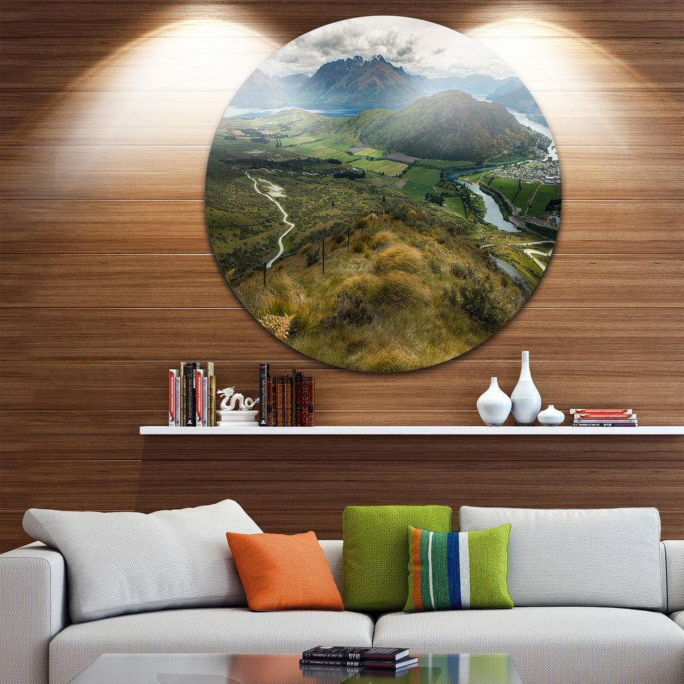 Fields And Hills In New Zealand, Landscape Photo Disc Metal Art, 11"
