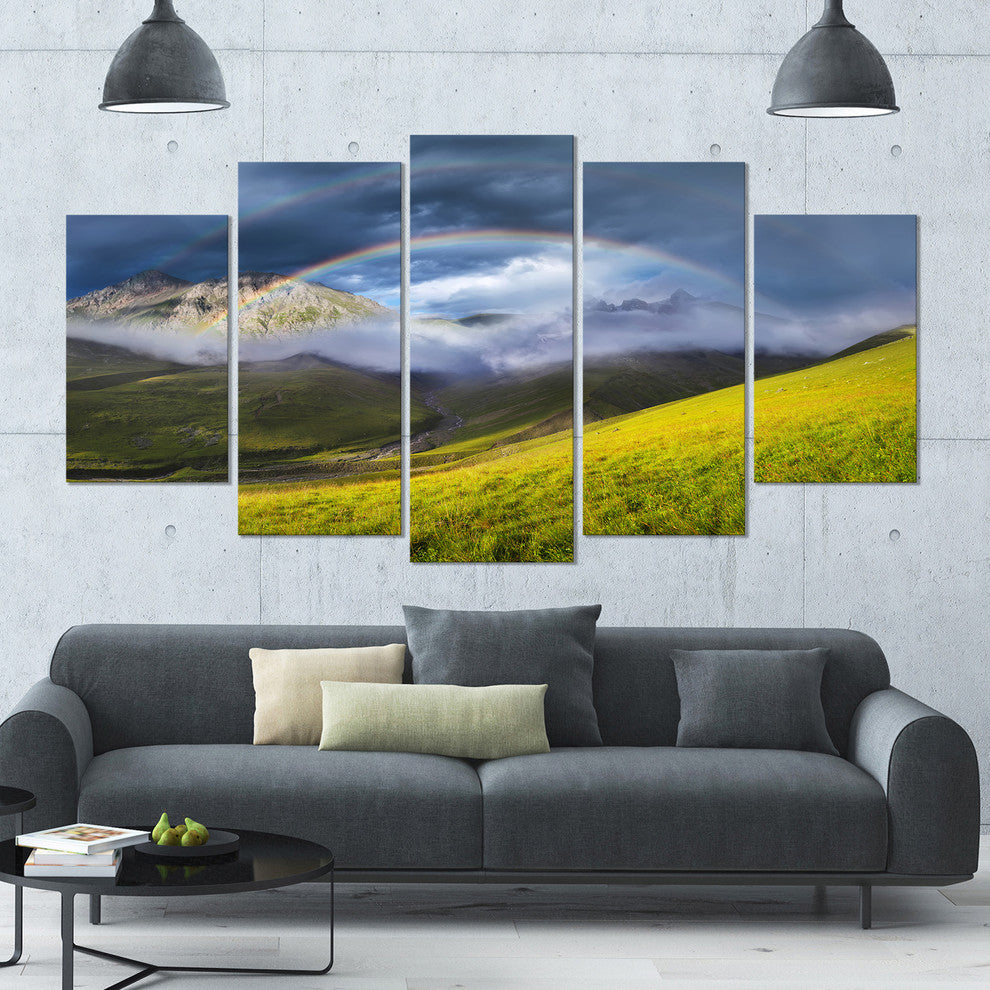 Rainbow in Mountain Valley, Landscape Canvas Art Print, 60"x32", 5 Panels