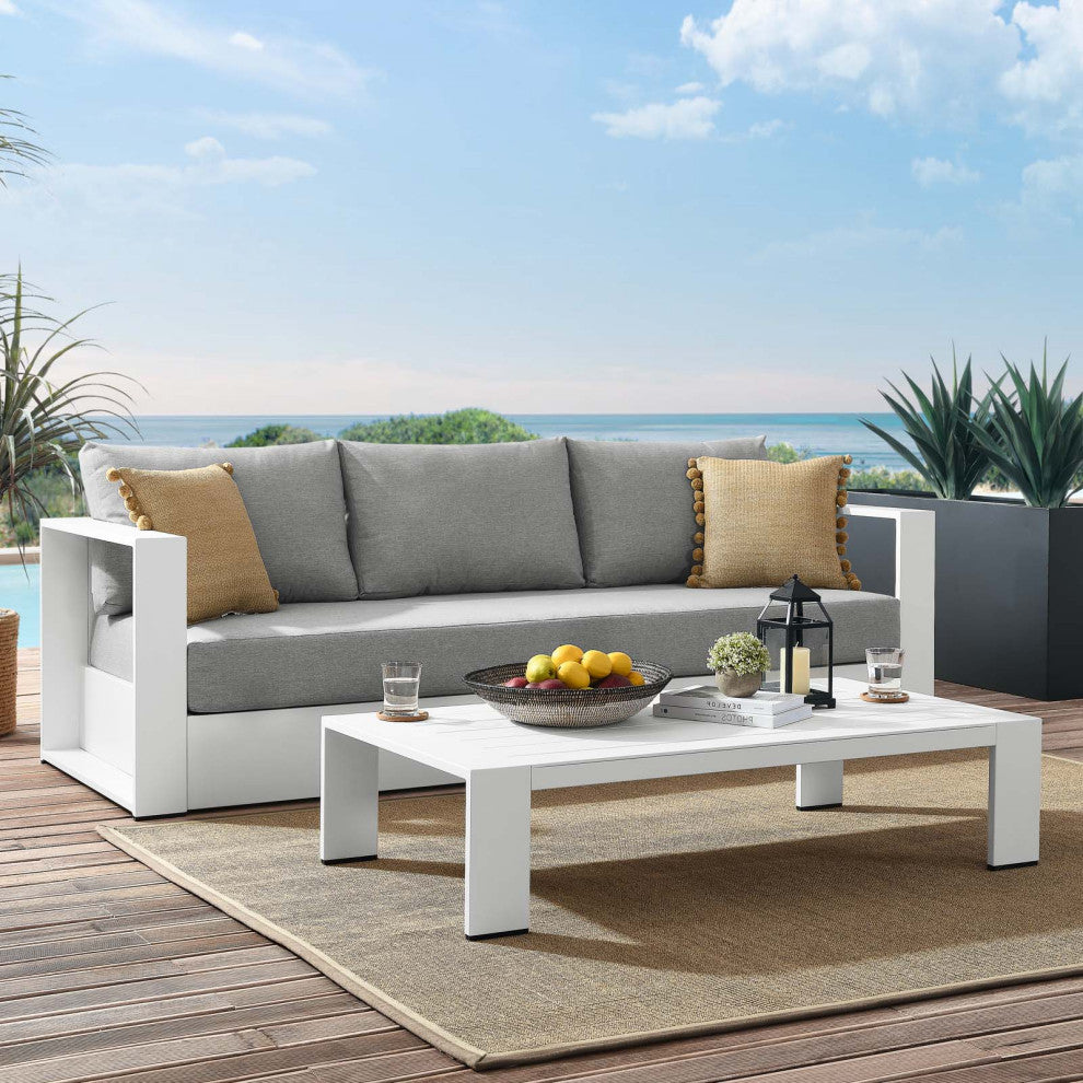 Sectional Sofa Table Set, White Gray, Aluminum, Modern, Outdoor Patio