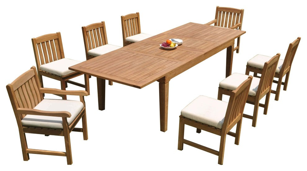9-Piece Outdoor Teak Dining Patio Set: 122" Rectangle Ext Table, 8 Devon Chairs