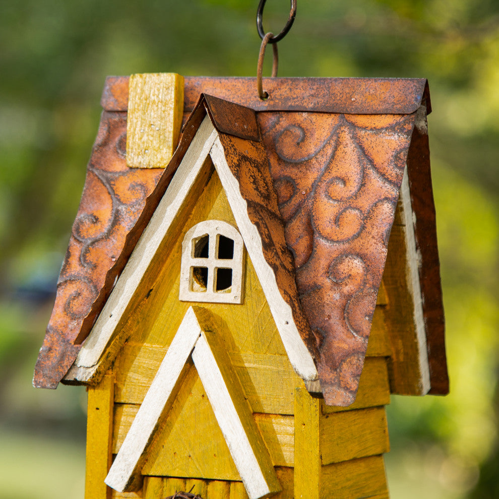 12"H Retro Distressed Solid Wood Cottage Birdhouse