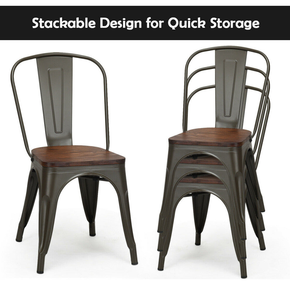 Costway Set of 4 Style Metal Dining Side Chair Wood Seat Stackable Bistro Cafe