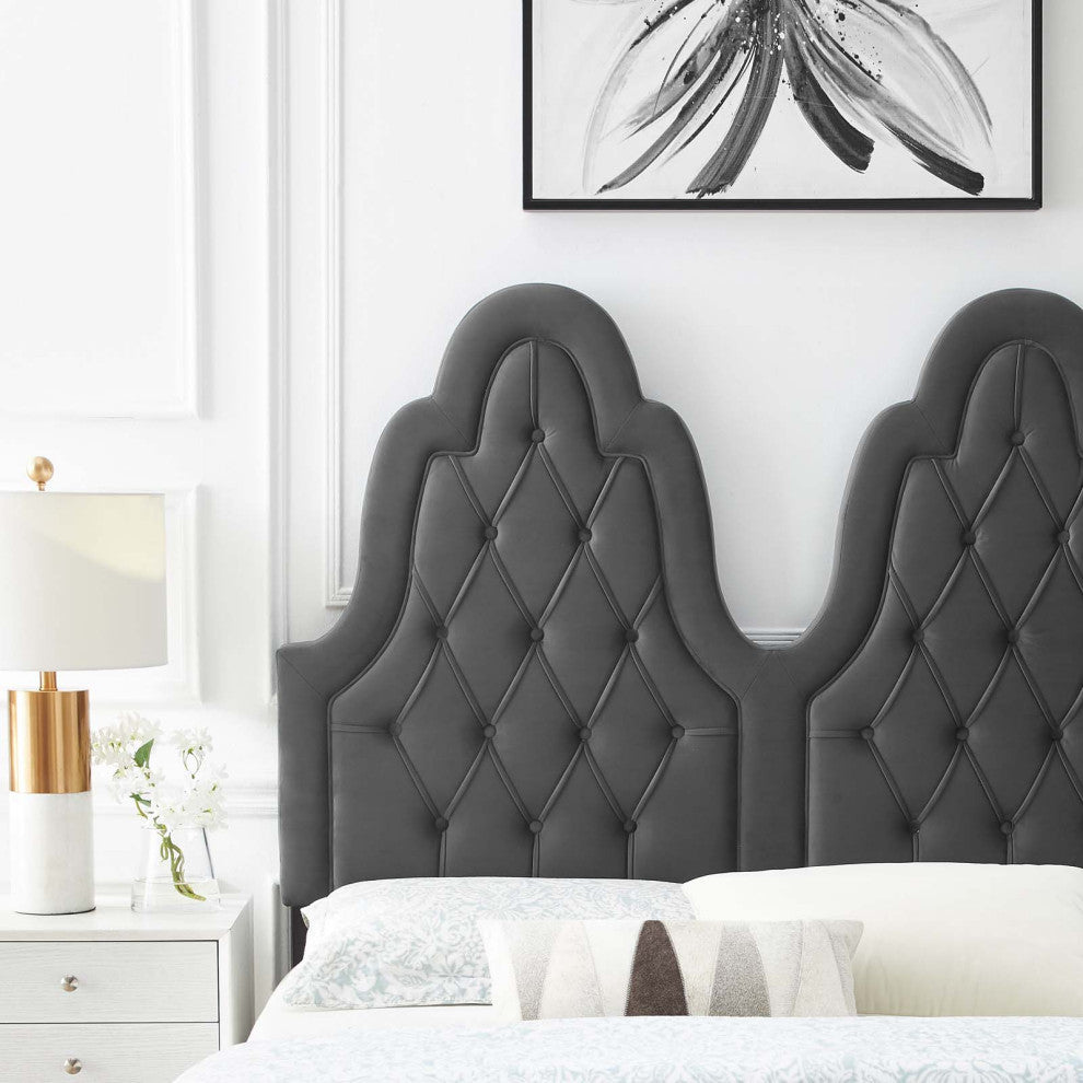 Tufted Headboard, Twin Size, Velvet, Dark Gray, Modern Contemporary