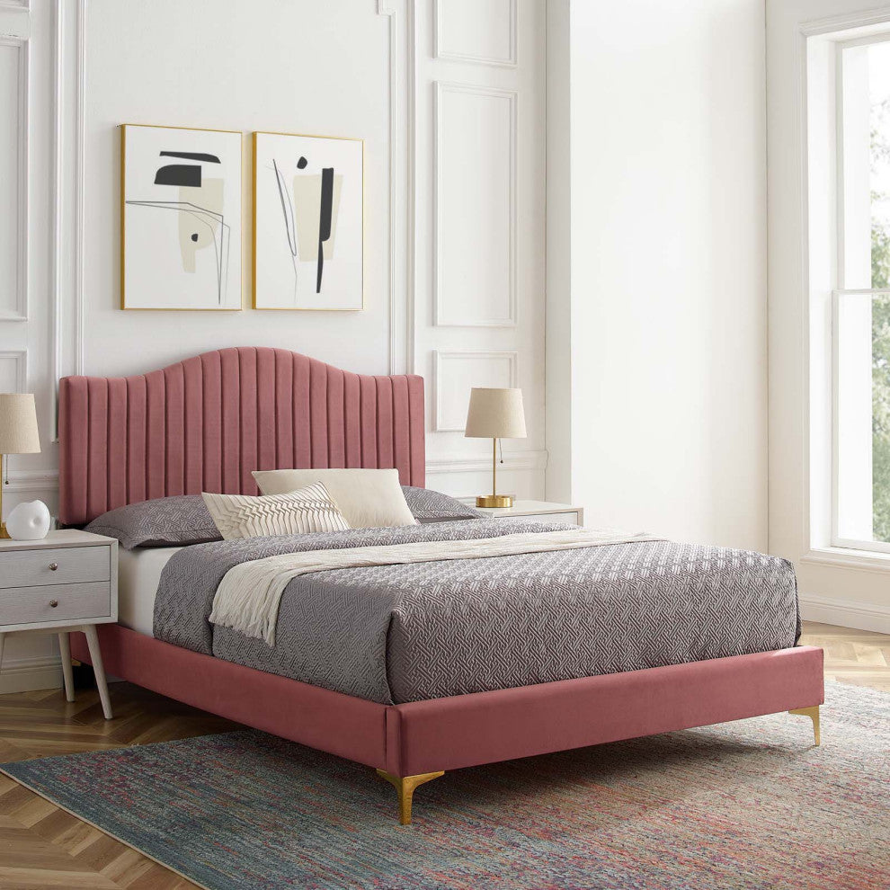 Tufted Platform Bed Frame, Queen Size, Velvet, Pink, Modern Contemporary