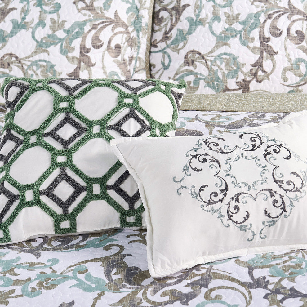 Serenta Ravello Scroll Printed Quilted 6 Piece Bed Spread Set, Teal / Turquoise, Queen