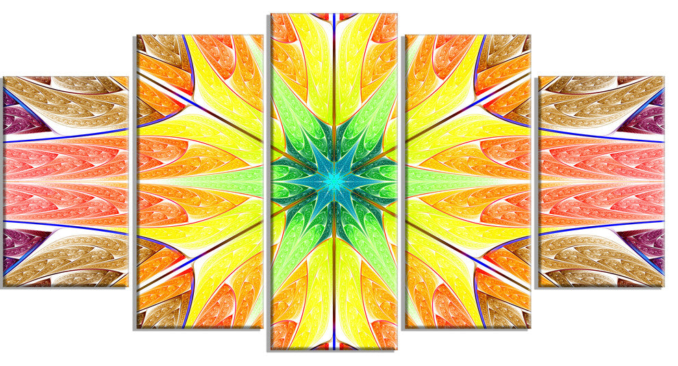 Yellow Glowing Fractal Texture, Contemporary Canvas Art Print, 60"x32", 5 Panels