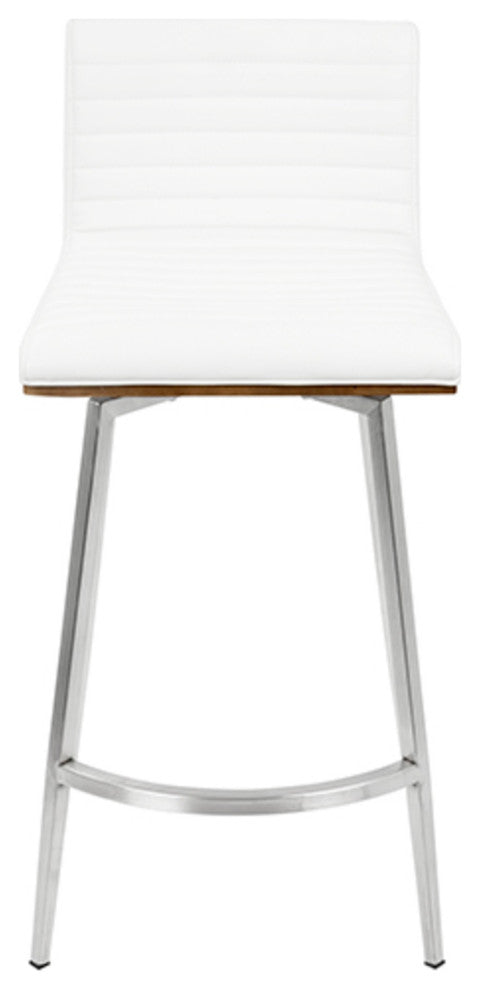 Mason Swivel Counter Stool, Set of 2, Stainless Steel/White PU/Walnut Wood