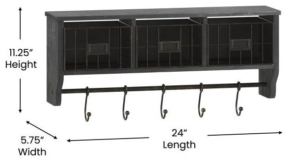 Daly Wall Mounted 24"Solid Pine Wood Coat Rack, Black Wash