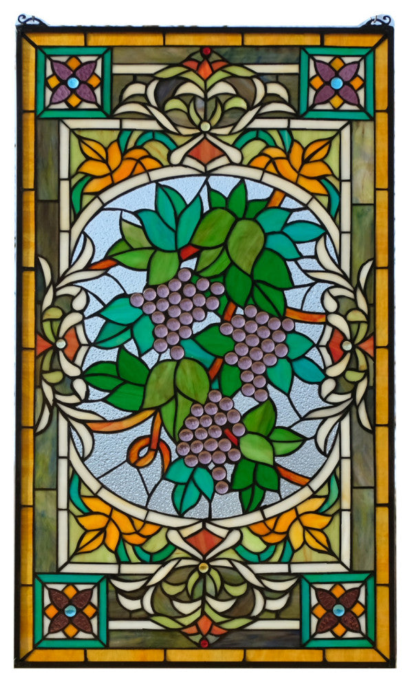 20" x 33.75" Large Handcrafted glass window panel Grape W/ Vine