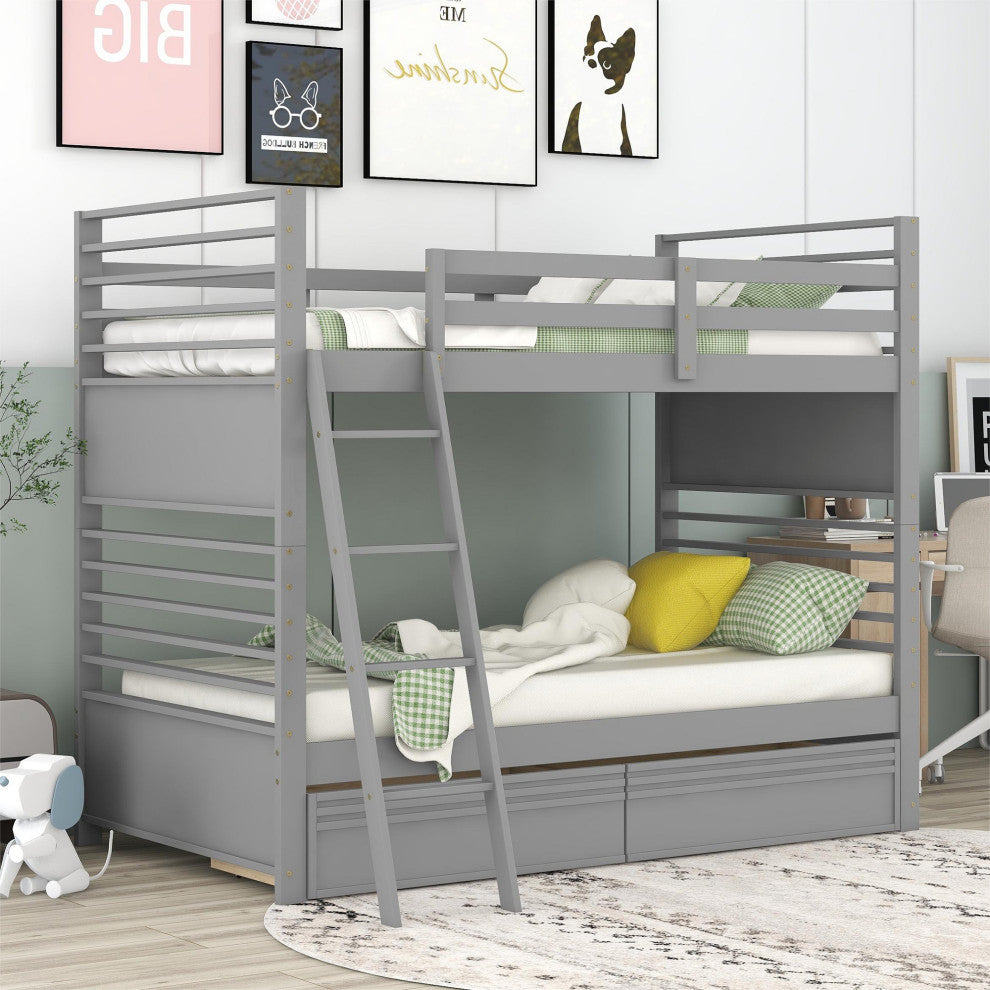 Gewnee Wood Twin Over Twin  Bunk Bed with Two Drawers in Gray