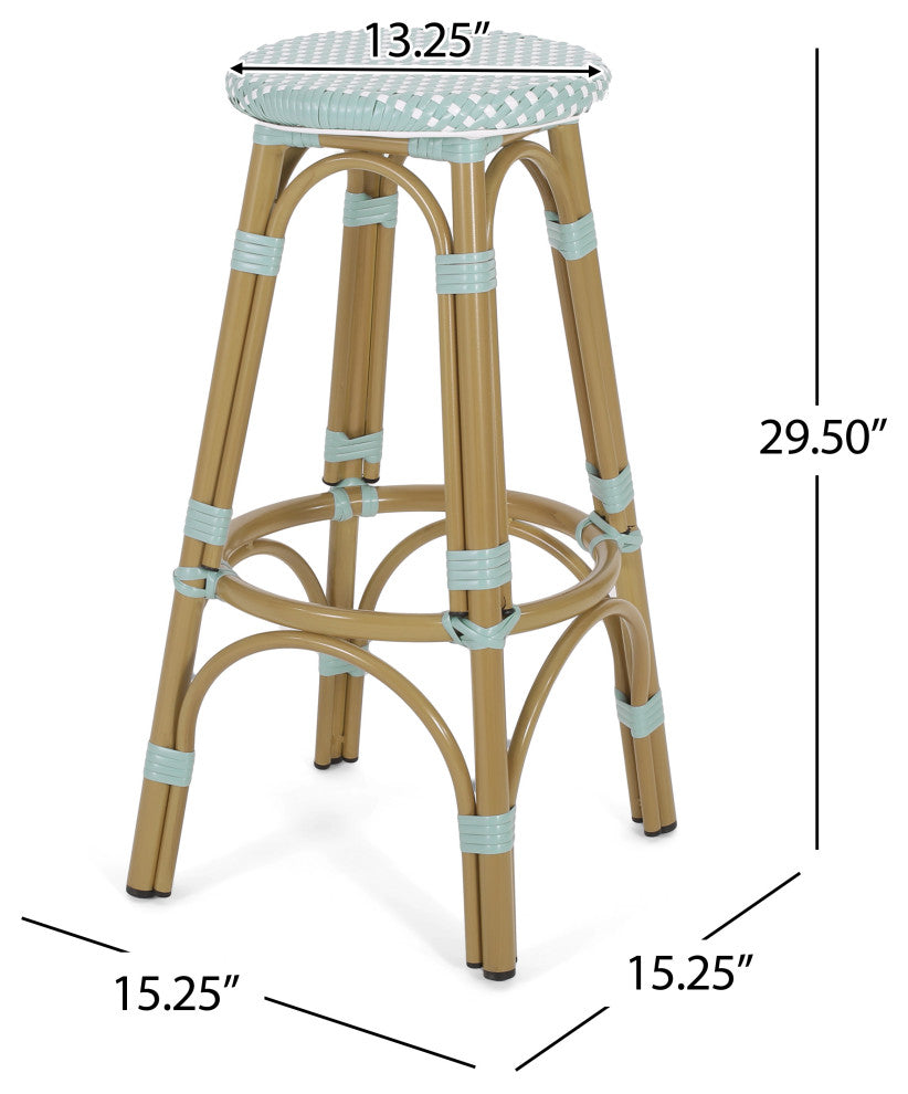 Dohney Outdoor French Aluminum 29.5" Barstools, Set of 2, Light Teal/White/Bamboo Finish
