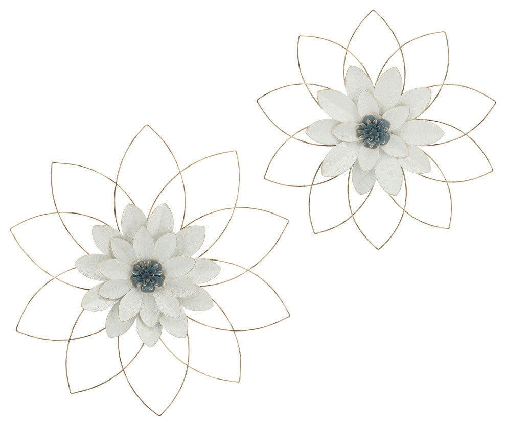 Metal 25" Wall Flower, White/Blue