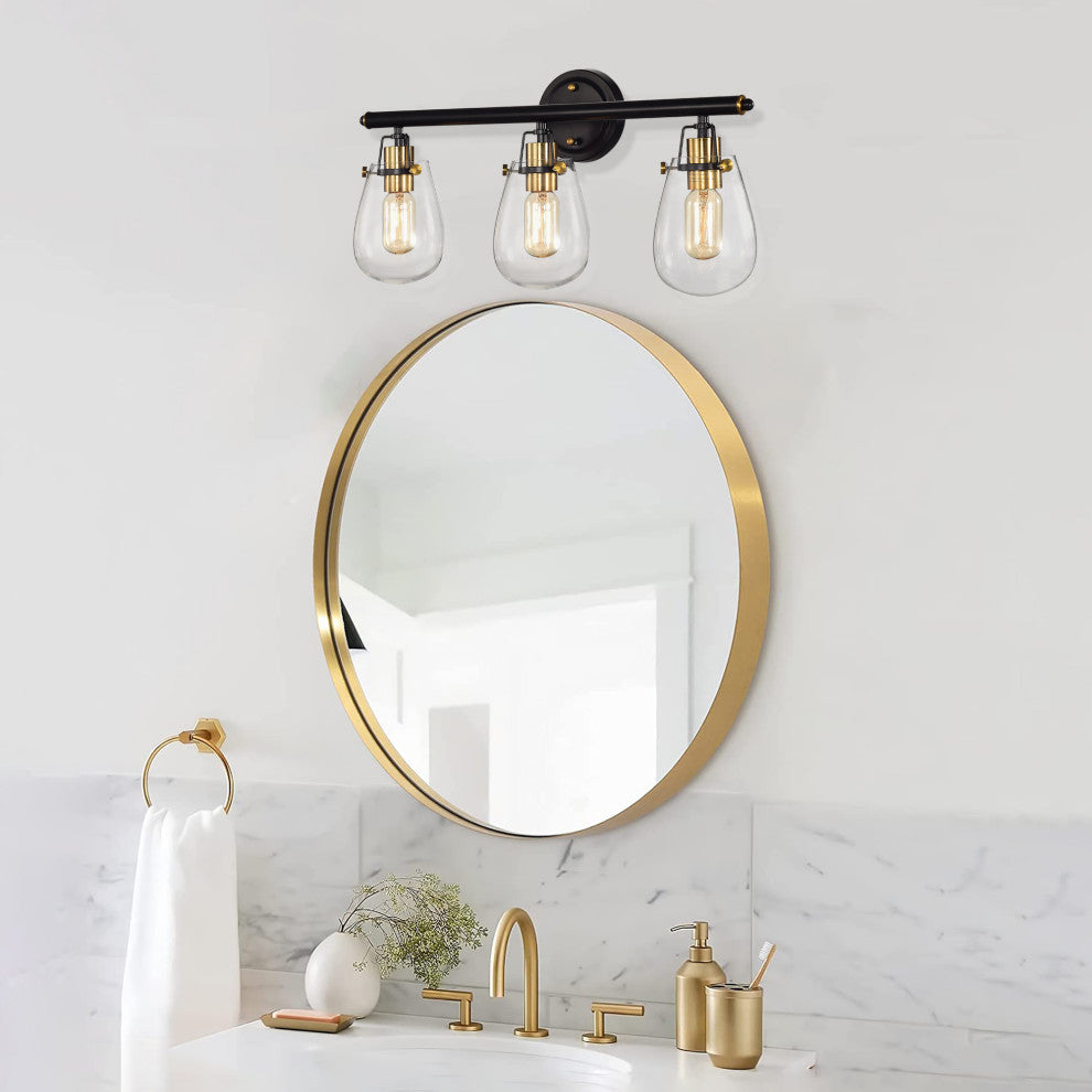 Ontario 3-Light Black and Antique Gold Vanity Light With Glass Shade