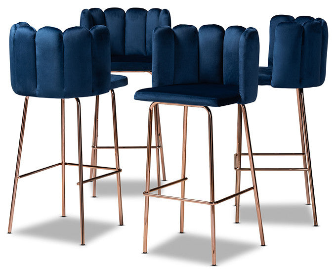 Navy Blue Velvet Fabric Upholstered and Rose Gold 4-Piece Bar Stool Set