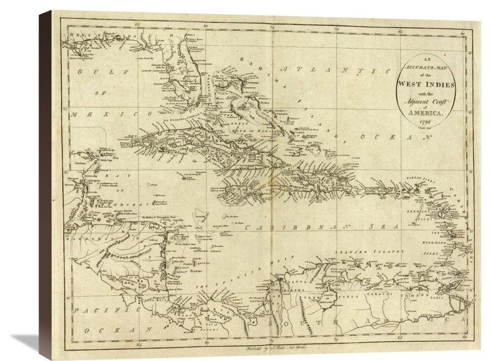 "Map of the West Indies, 1796" Stretched Canvas Giclee by John Reid, 30"x24"