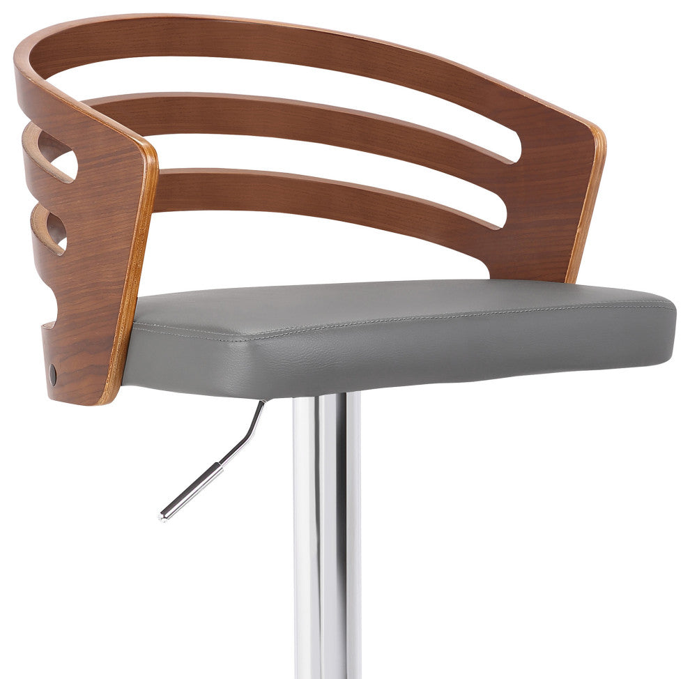 Gray Faux Leather Walnut Wood and Chrome Adjustable Swivel Bar Stool
