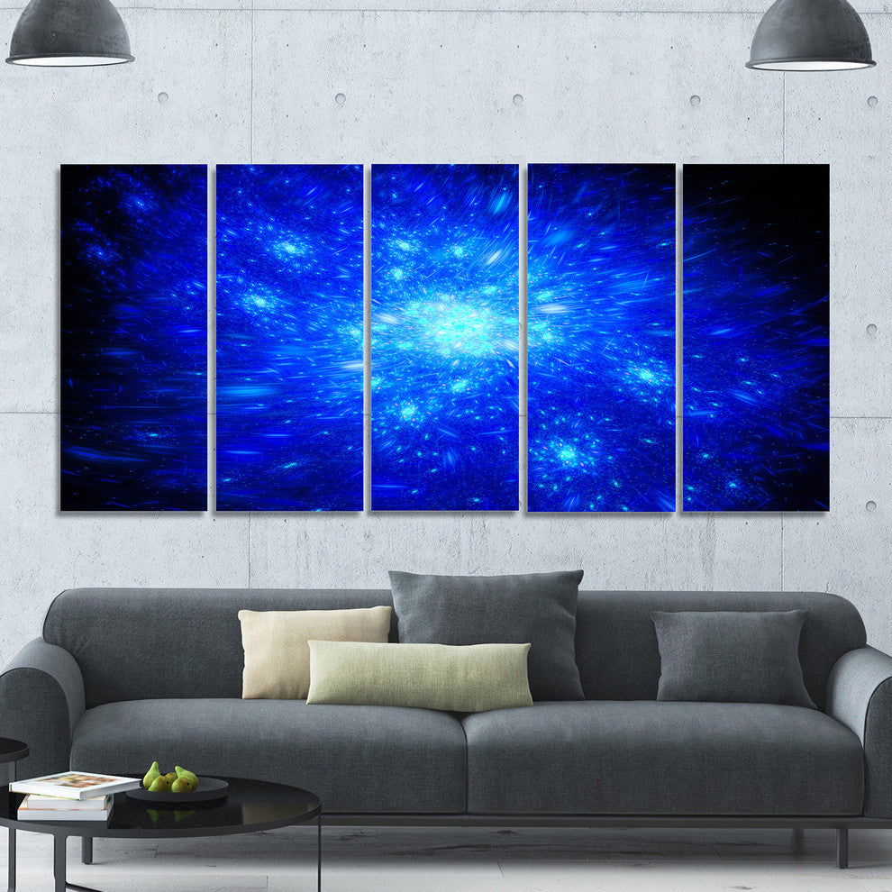 Blue Fireworks on Black, Abstract Art on Canvas, 60"x28", 5 Panels