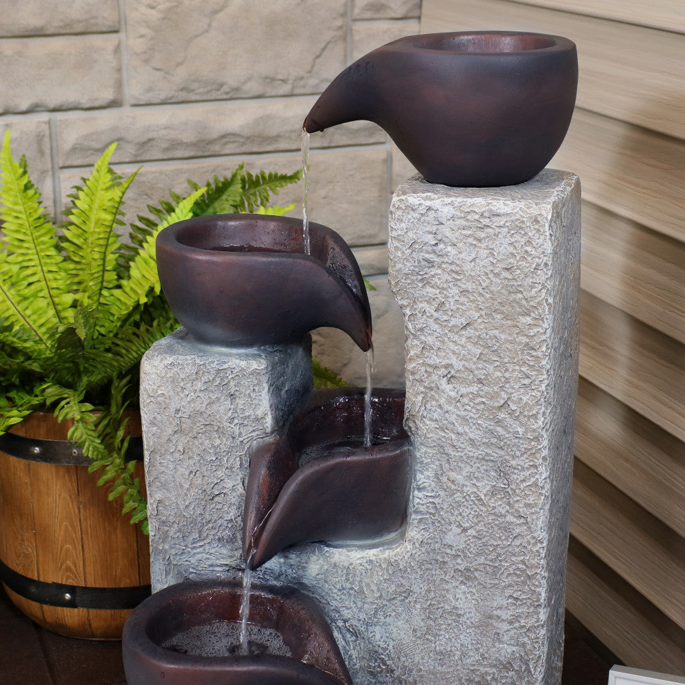 Sunnydaze Aged Tiered Vessels Solar Fountain With Battery Backup, 29"