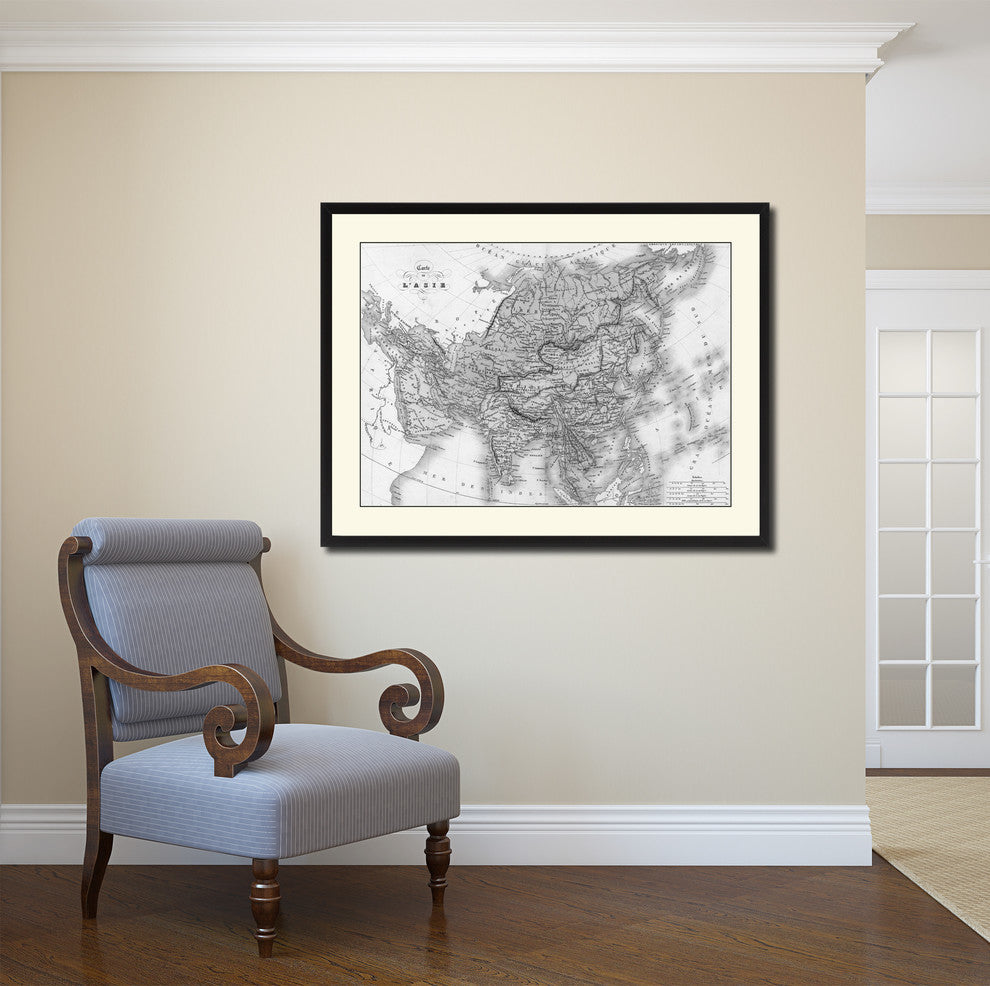 Asia Vintage Map Print On Canvas With Black Custom Frame, 16" X 21"