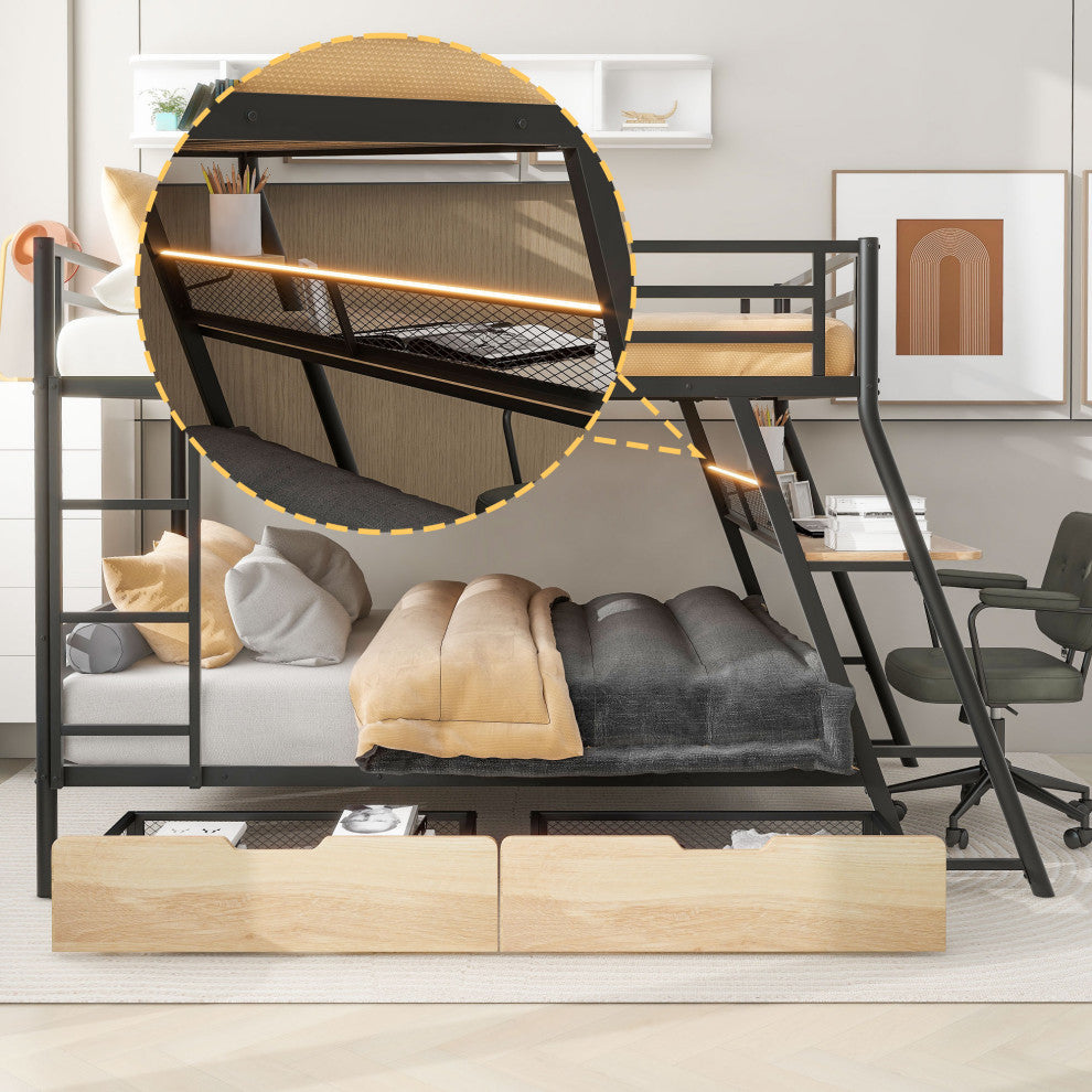 Gewnee Full Size Metal Bunk Bed with Built-in Desk, Light and 2 Drawers, Black
