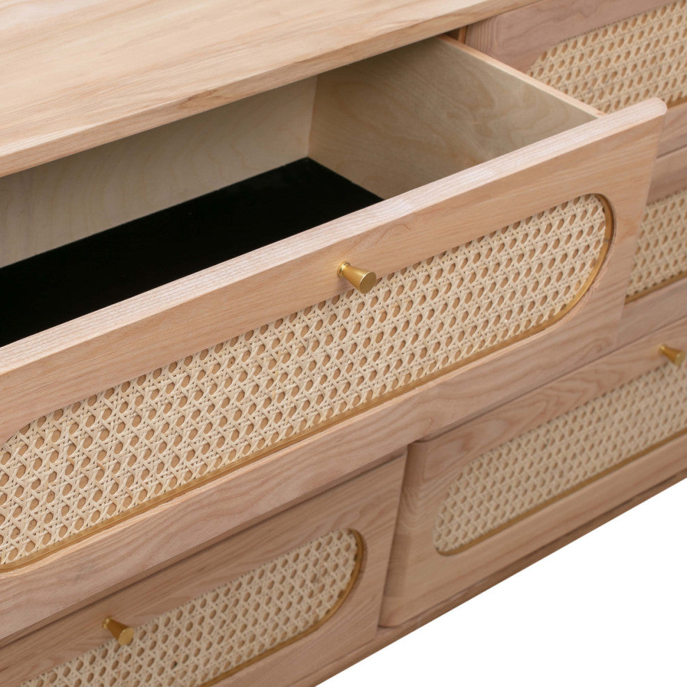 Carmen Cane 6 Drawer Dresser, Rattan Wicker Ash Wood Sideboard