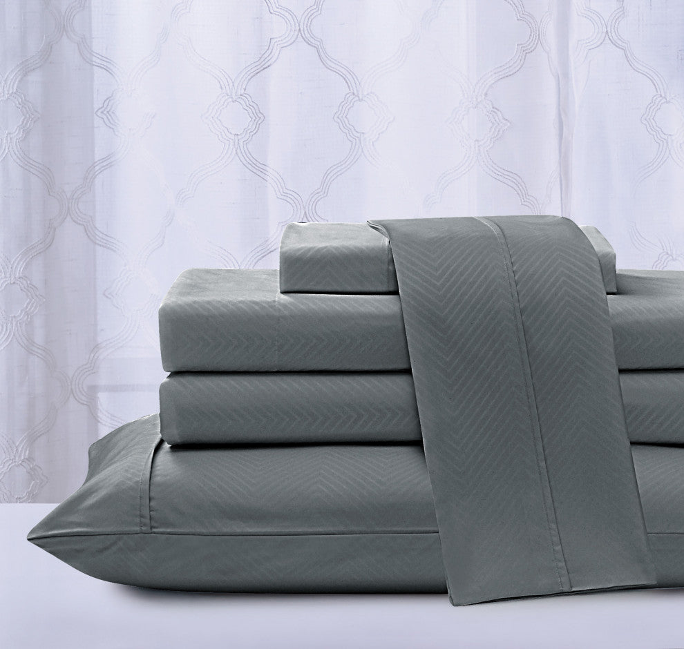 Kathy Ireland 4 Piece Chevron Embossed Sheet Set, Gray, Queen