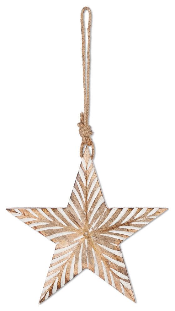 Set of 3, Assorted Hanging Engraved Mango Wood Stars