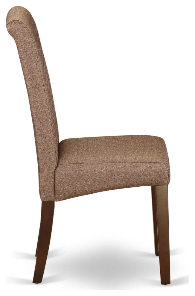 3Pc Small Round Table, Linen Brown Fabric Dining Chairs, Mahogany Chair Legs