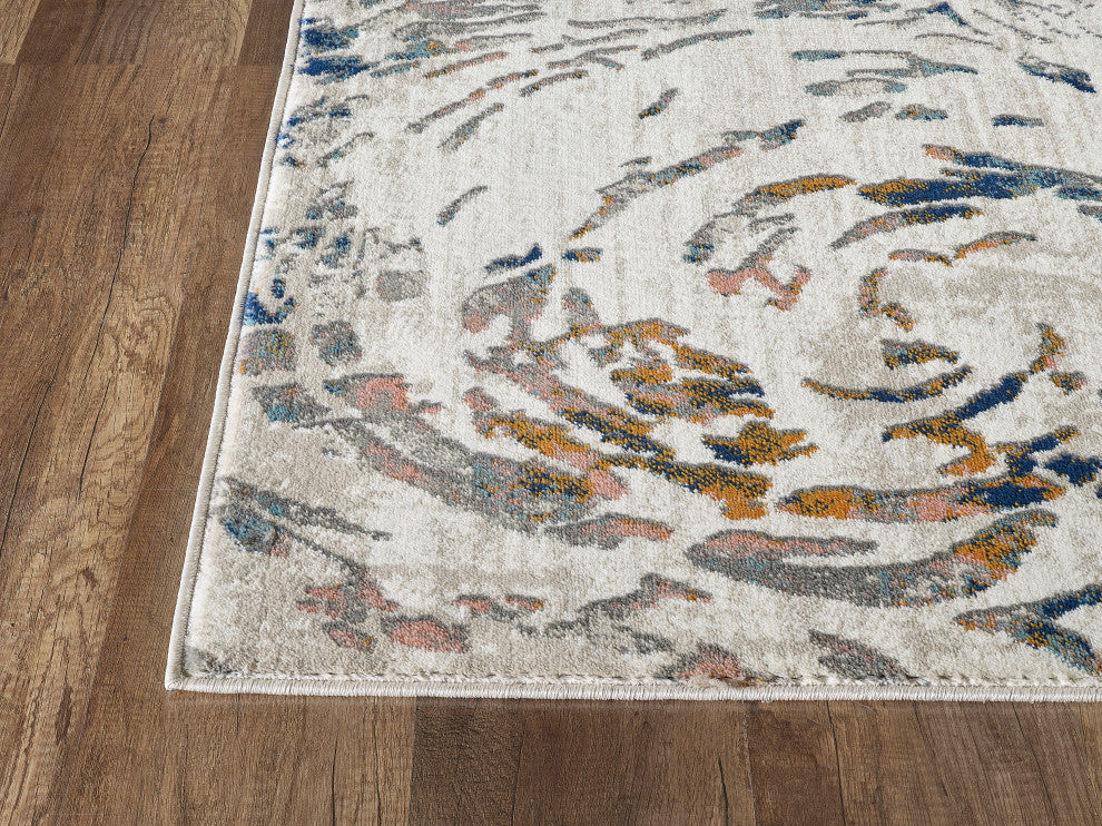 Abani Porto PRT120A Contemporary Swirl Light Blue and Burnt Orange Area Rug