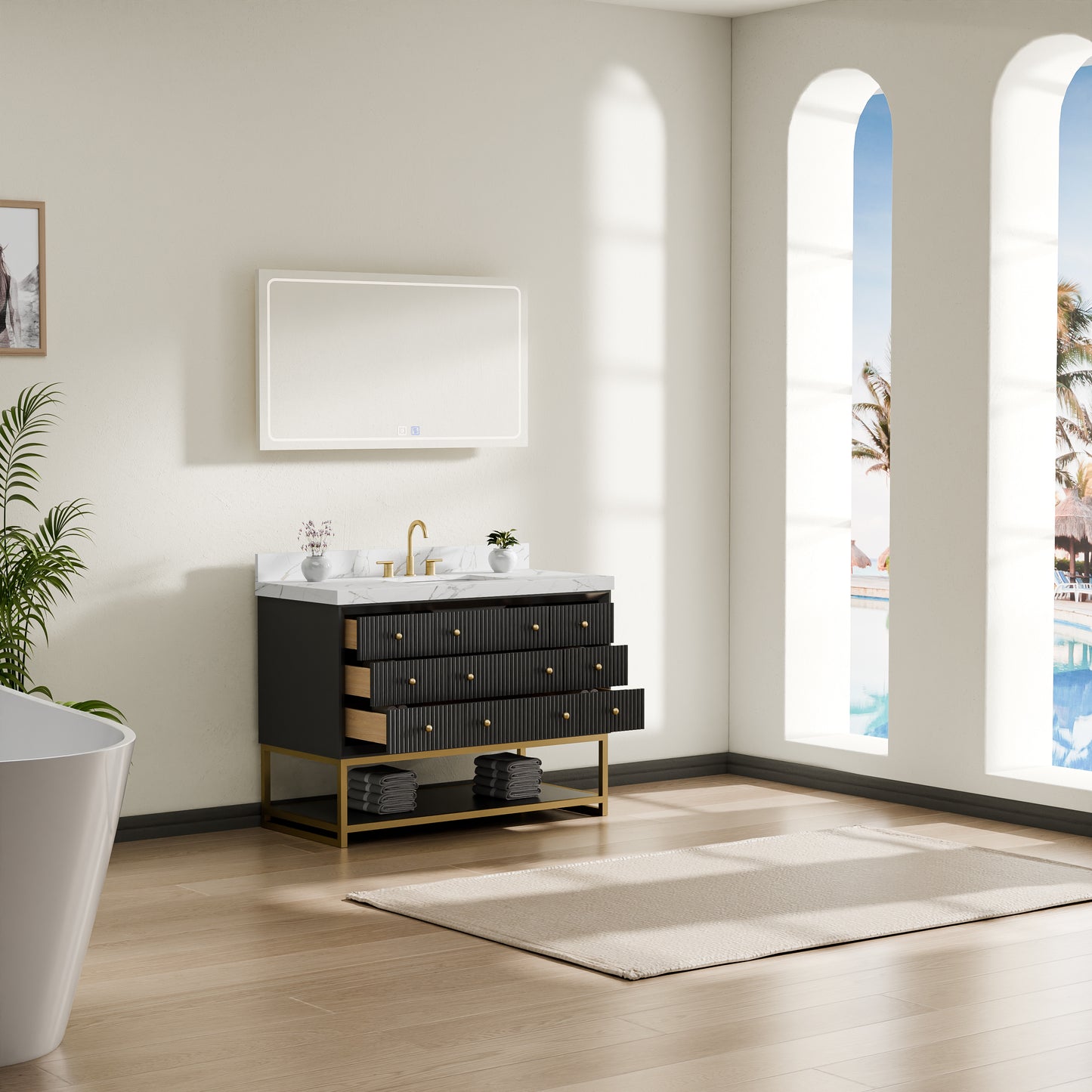60''Wood Bathroom Vanity Set, With Drawers, Marble Top And Undermount Sink, White