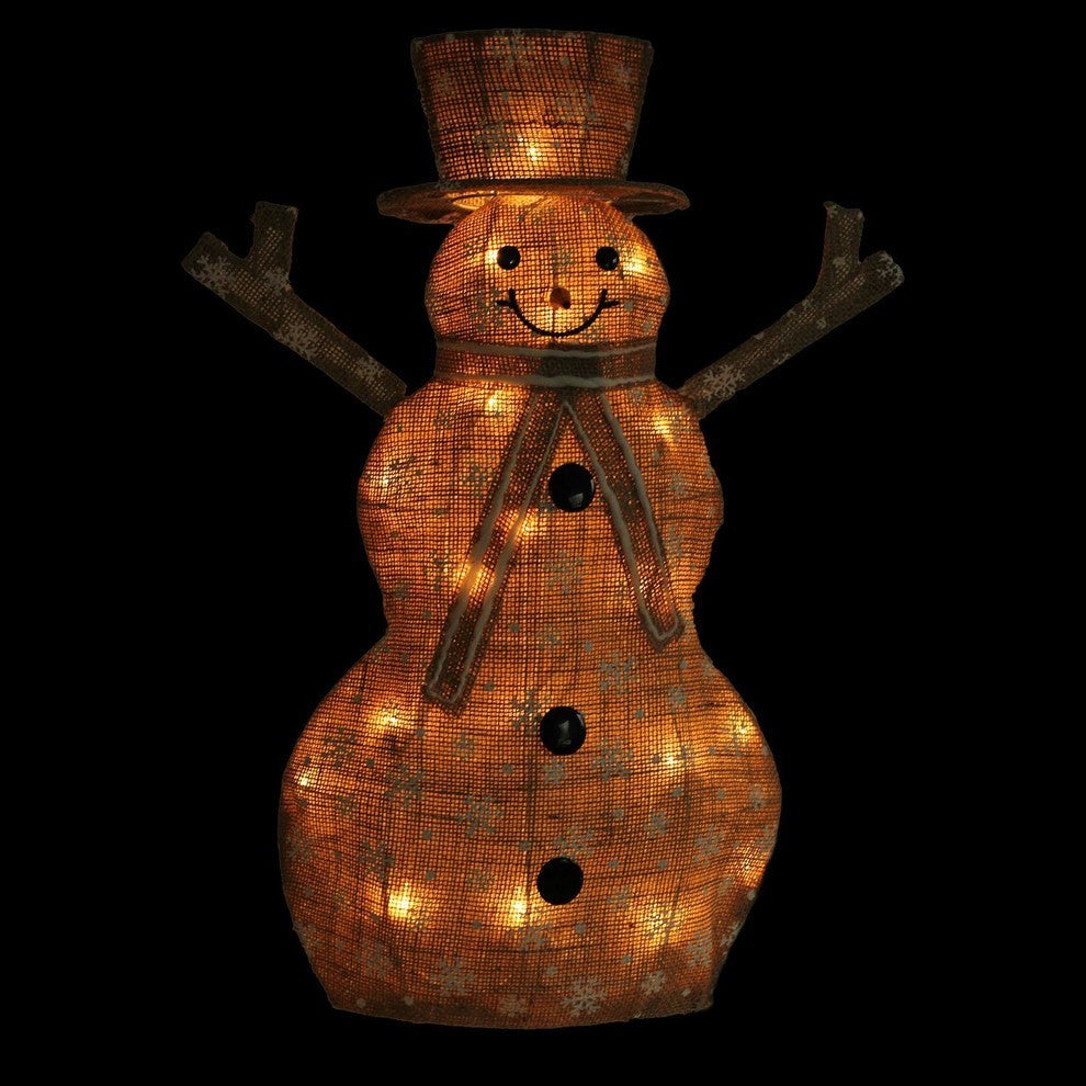 24" Lighted Snowflake Burlap Snowman Christmas Decoration