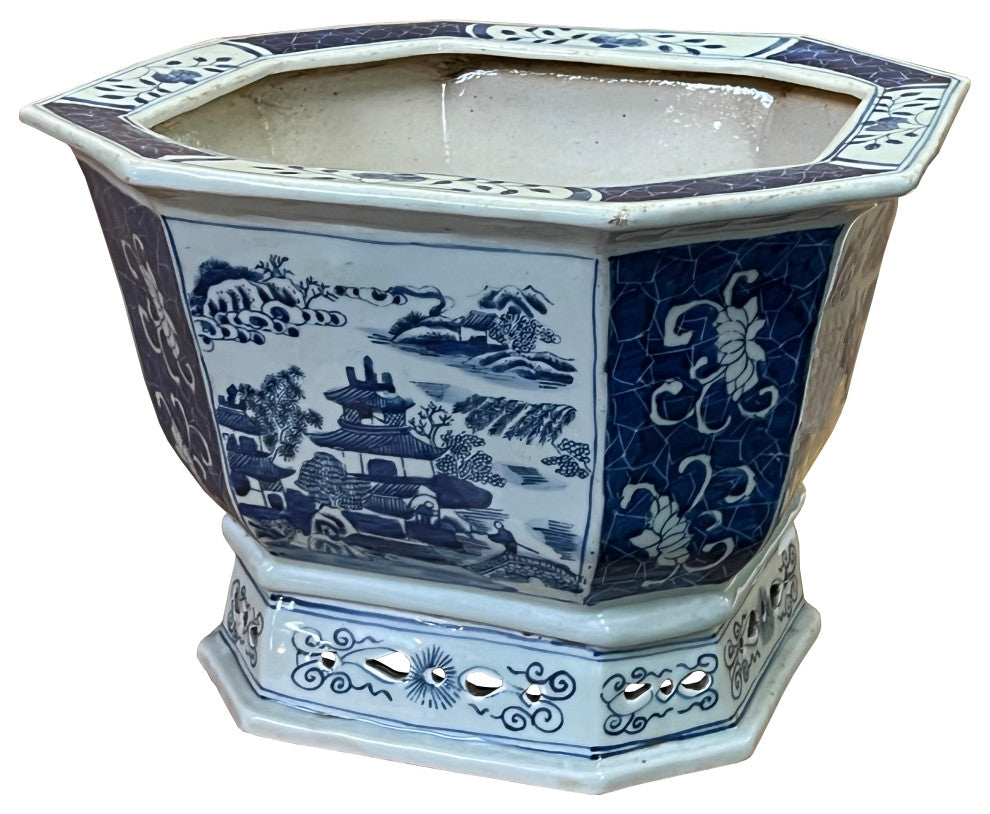Chinese Blue White Oriental Scenery Porcelain Square Pot Planter Hws3171