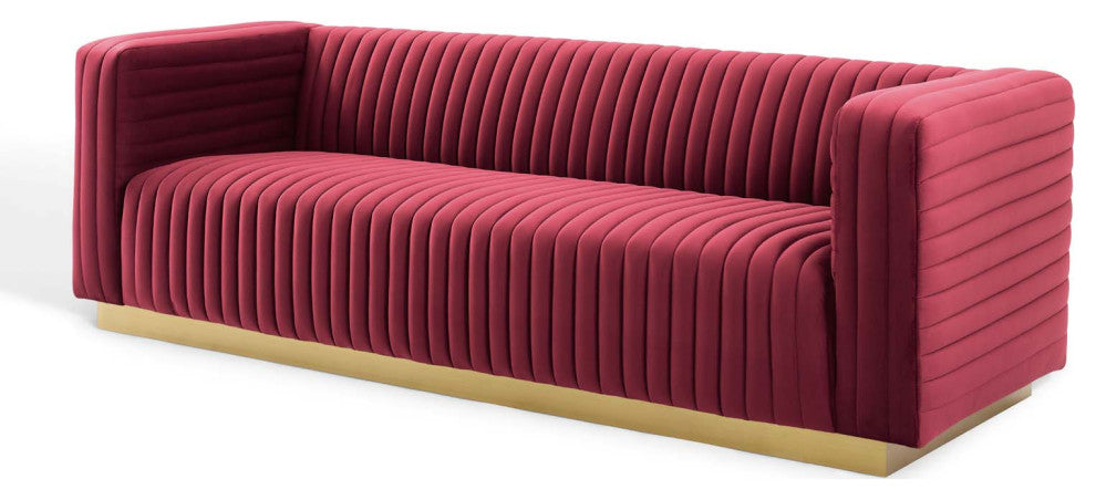 Tufted Sofa, Velvet, Red, Modern, Living Lounge Room Hotel Lobby Hospitality