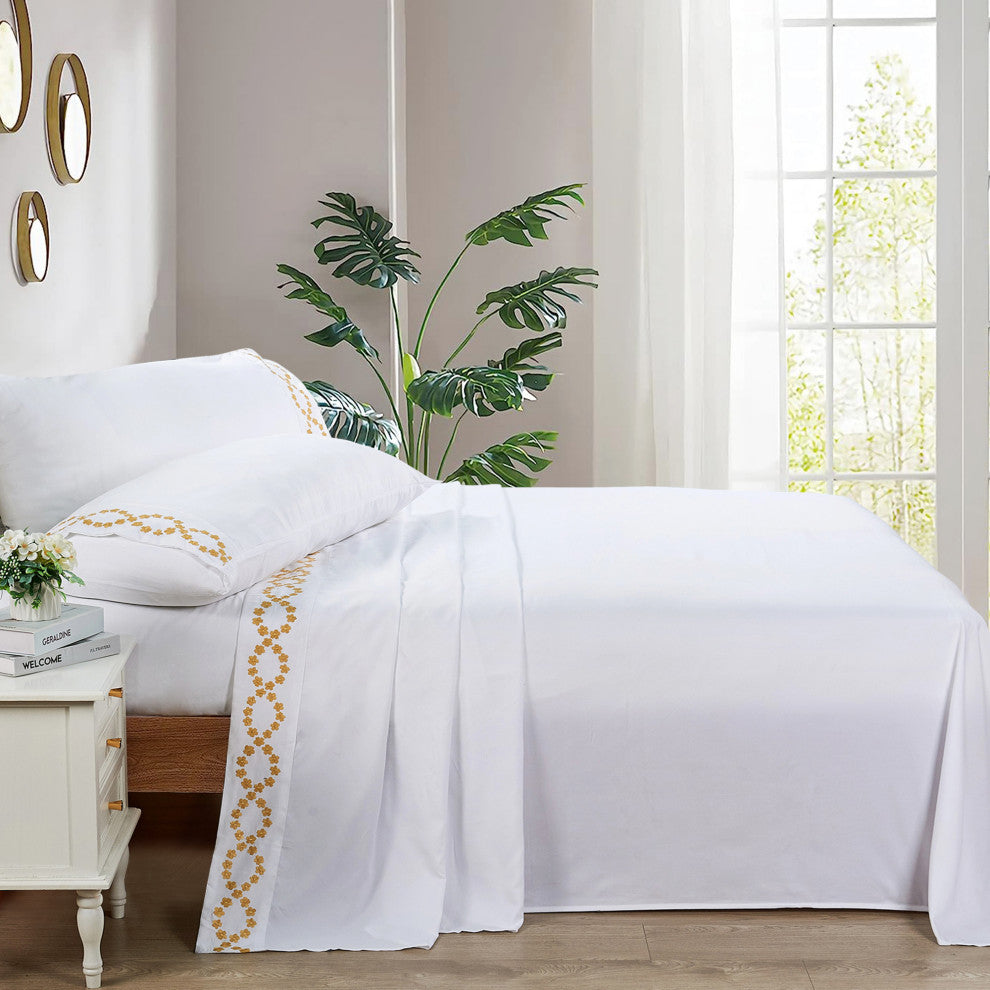 Serenta Puka Lei Embroidered 4 Piece Bed Sheet Set, White, King