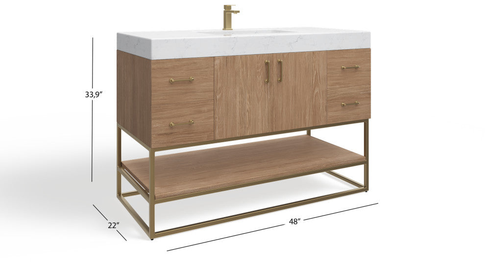Bahia Bath Vanity, Oak, 48", Brushed Gold Hardware, Single, Freestanding