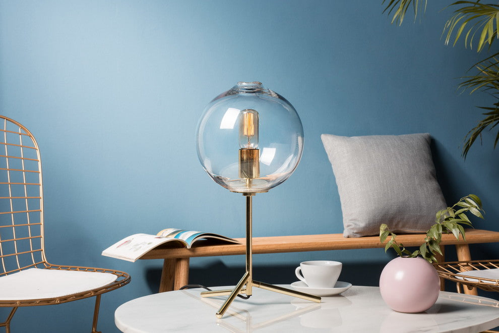 Golden Metal Hand Blown Glass Table Lamp, Clear, Clear