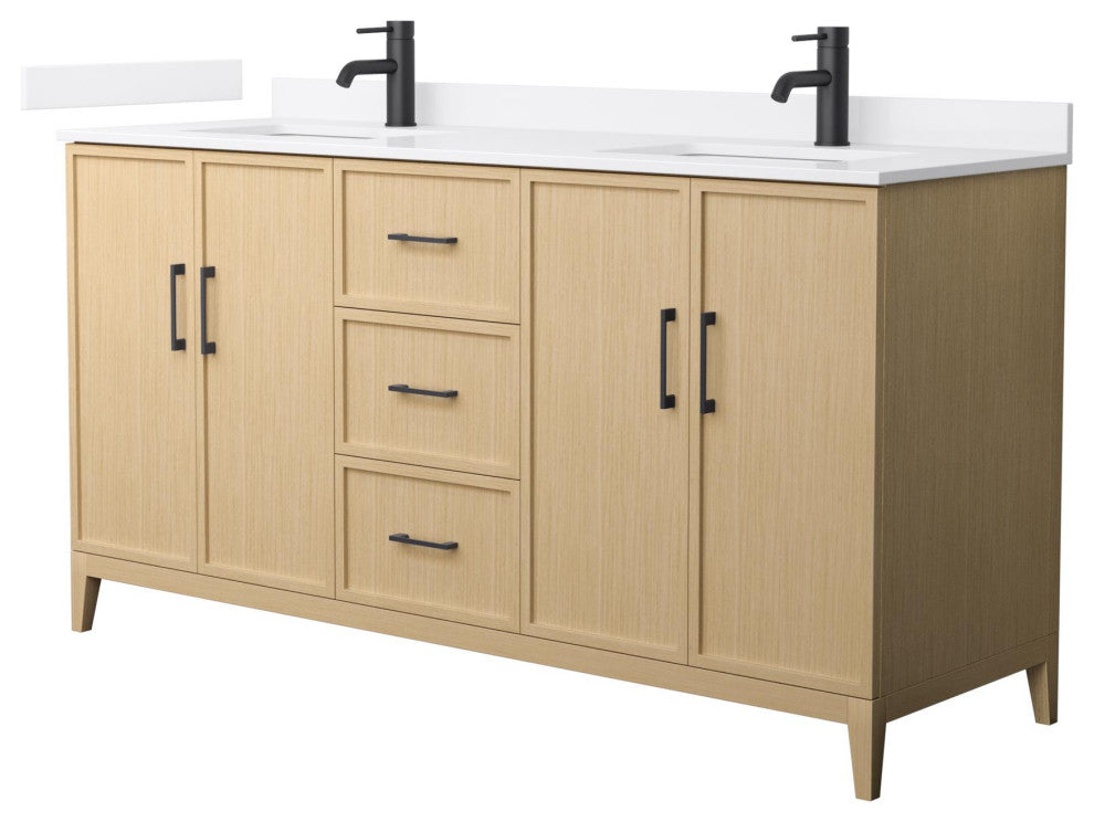 Elan 66" Double Vanity, White Oak, White Quartz Top, 1-Hole, Black Trim