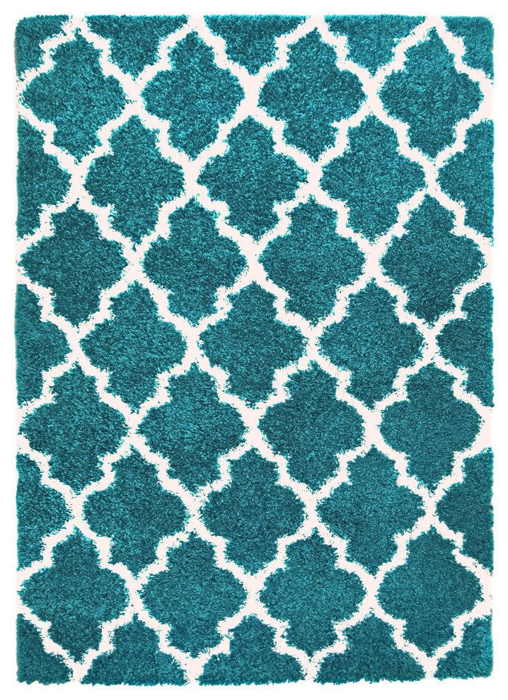 Dubach Morrocan Trellis Shag Rug - Turquoise and White - 3' X 5'