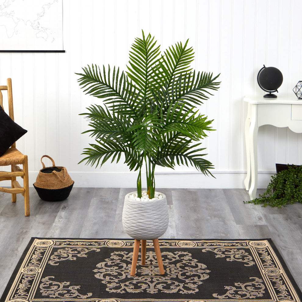52" Areca Palm Artificial Tree, White Planter With Stand, Real Touch