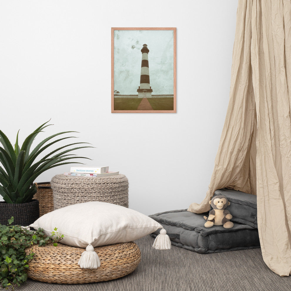 Aged Bodie Lighthouse Landscape Framed Photo Paper Wall Art Prints, Red Oak, 18" X 24"