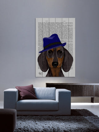 "Dachshund with Blue Trilby" Painting Print on White Wood, 16"x24"